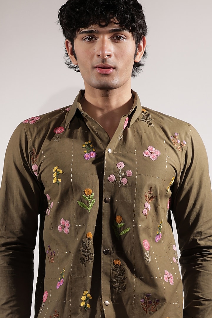 Olive Green Linen Floral Embroidered Wedding Shirt by Jubinav Chadha Men at Pernia's Pop Up Shop