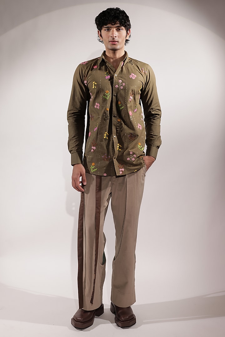 Olive Green Linen Floral Embroidered Wedding Shirt by Jubinav Chadha Men at Pernia's Pop Up Shop