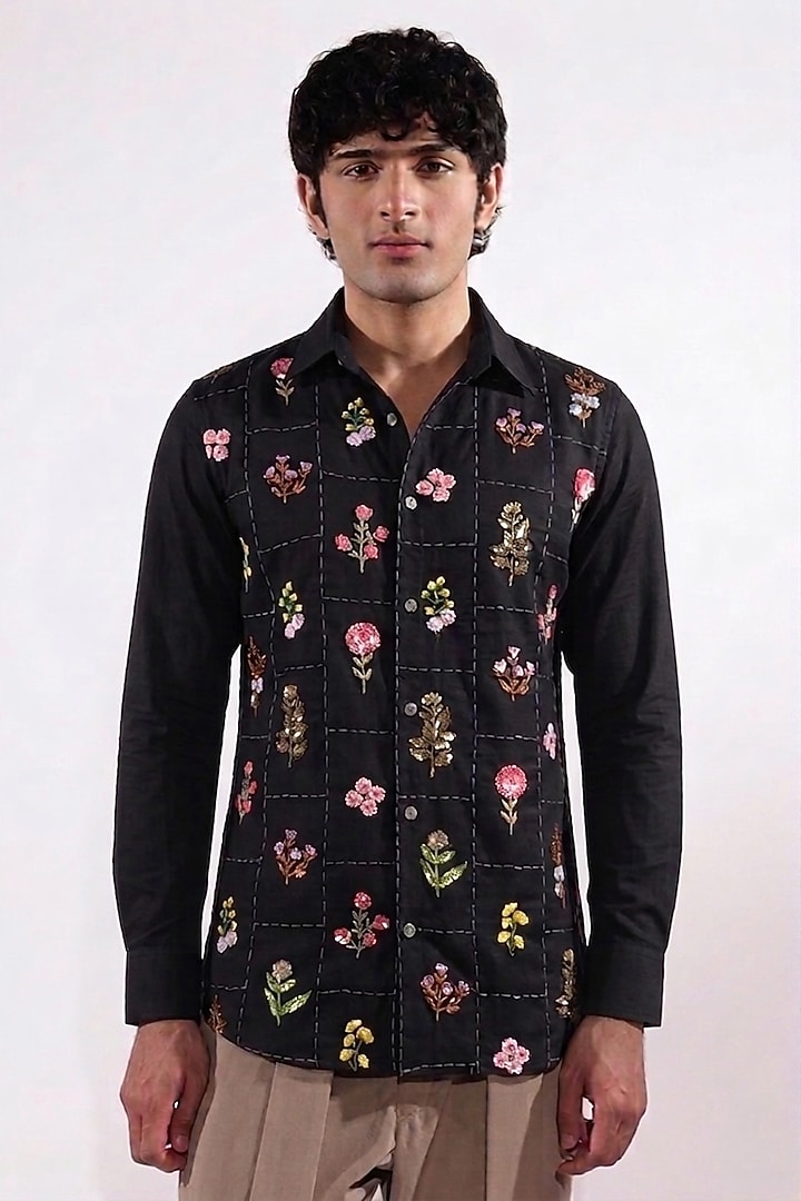 Black Cotton Lycra Floral Embroidered Wedding Shirt by Jubinav Chadha Men at Pernia's Pop Up Shop