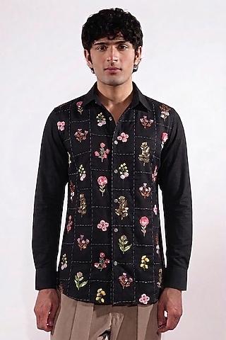 Black Cotton Lycra Floral Embroidered Shirt by Jubinav Chadha Men
