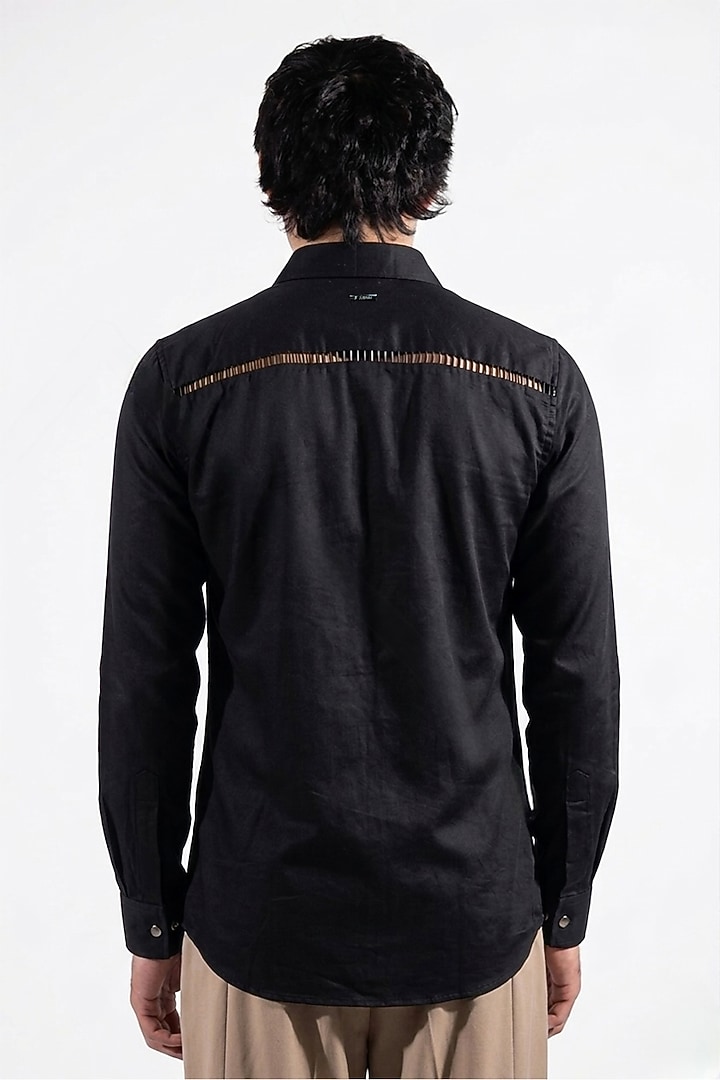 Black Cotton Lycra Floral Embroidered Wedding Shirt by Jubinav Chadha Men at Pernia's Pop Up Shop