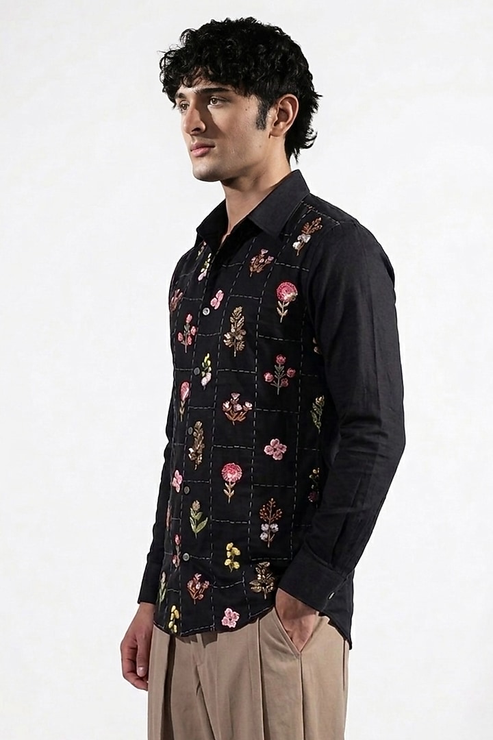 Black Cotton Lycra Floral Embroidered Wedding Shirt by Jubinav Chadha Men at Pernia's Pop Up Shop