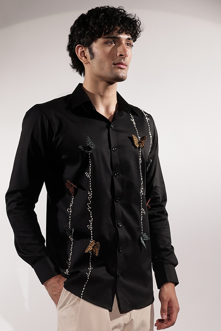 Black Cotton Lycra Kantha Embroidered Wedding Shirt by Jubinav Chadha Men at Pernia's Pop Up Shop