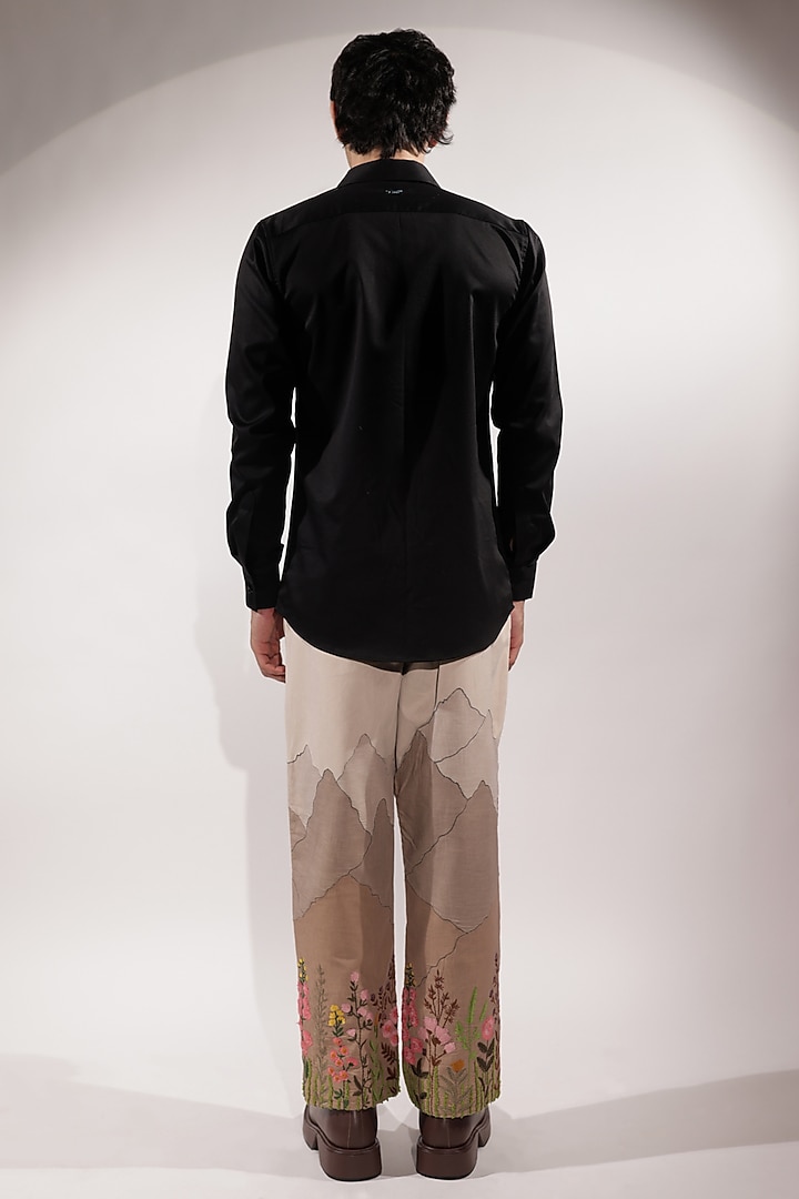 Black Cotton Lycra Kantha Embroidered Wedding Shirt by Jubinav Chadha Men at Pernia's Pop Up Shop
