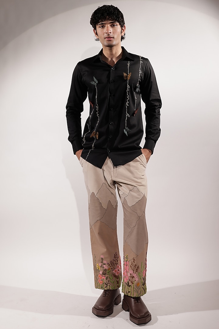 Black Cotton Lycra Kantha Embroidered Wedding Shirt by Jubinav Chadha Men at Pernia's Pop Up Shop