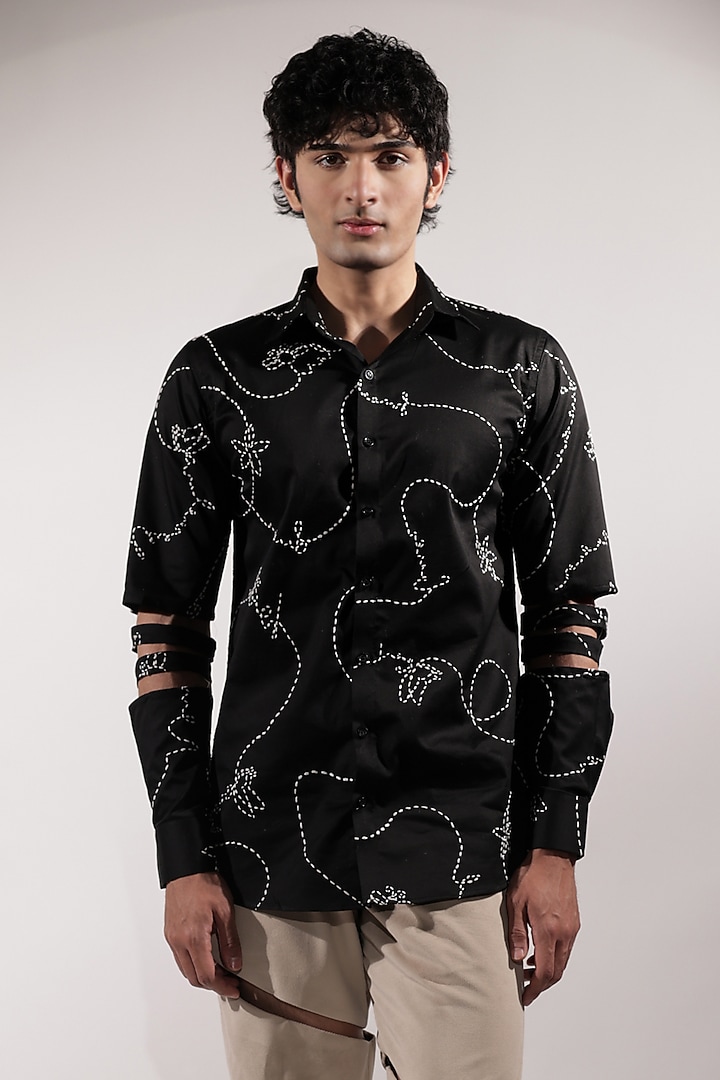 Black Cotton Lycra Kantha Embroidered Wedding Shirt by Jubinav Chadha Men at Pernia's Pop Up Shop