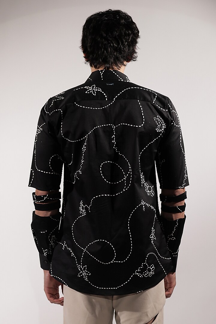Black Cotton Lycra Kantha Embroidered Wedding Shirt by Jubinav Chadha Men at Pernia's Pop Up Shop
