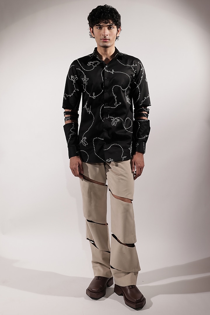 Black Cotton Lycra Kantha Embroidered Wedding Shirt by Jubinav Chadha Men at Pernia's Pop Up Shop