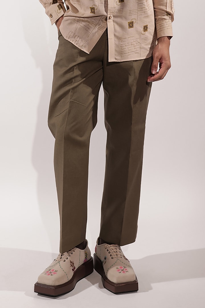 Olive Green Linen Pants by Jubinav Chadha Men at Pernia's Pop Up Shop