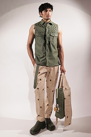 Beige Crepe Pants by Jubinav Chadha Men