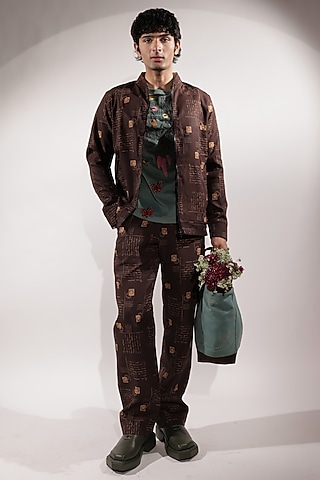 Brown Crepe Printed Pants by Jubinav Chadha Men