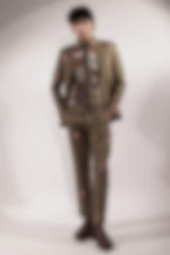 Olive Green Linen Floral Embroidered Pants by Jubinav Chadha Men at Pernia's Pop Up Shop