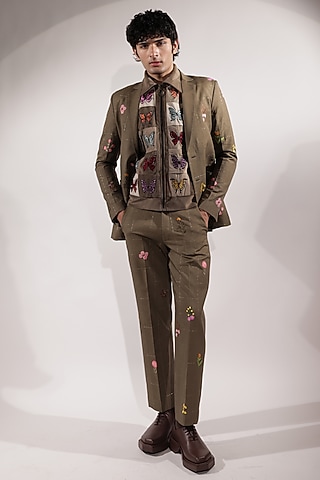 Olive Green Linen Floral Embroidered Pants by Jubinav Chadha Men