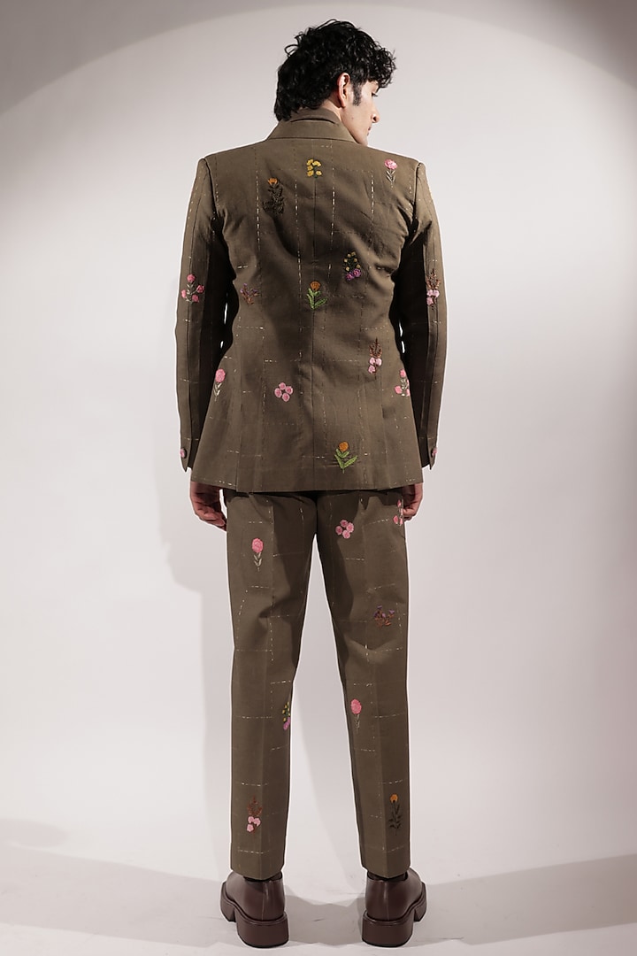 Olive Green Linen Floral Embroidered Pants by Jubinav Chadha Men at Pernia's Pop Up Shop