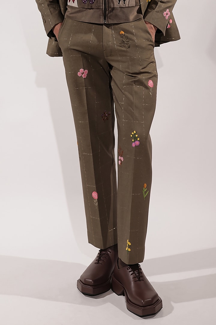 Olive Green Linen Floral Embroidered Pants by Jubinav Chadha Men at Pernia's Pop Up Shop