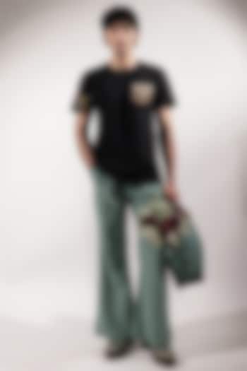 Jade Green Suede Bootcut Pants by Jubinav Chadha Men at Pernia's Pop Up Shop