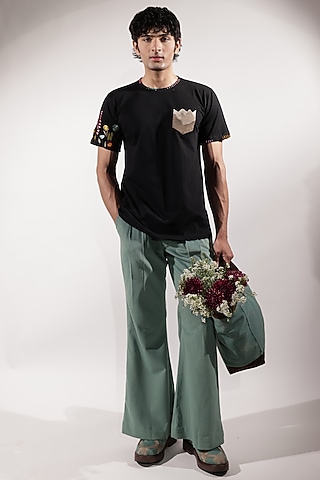 Jade Green Suede Bootcut Pants by Jubinav Chadha Men