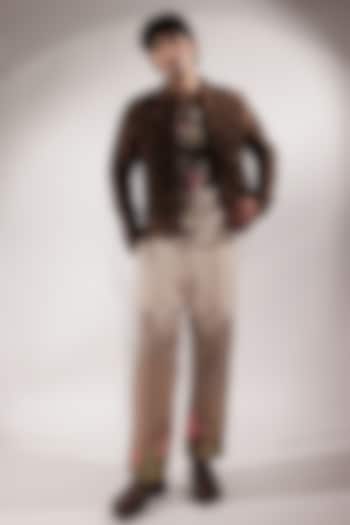 Beige Linen & Suede Pants by Jubinav Chadha Men at Pernia's Pop Up Shop