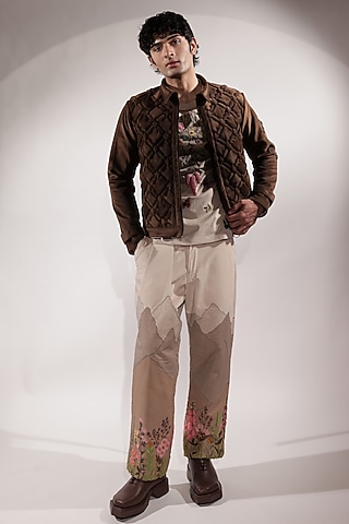 Beige Linen & Suede Pants by Jubinav Chadha Men