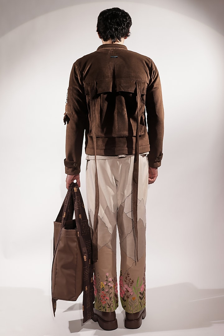 Beige Linen & Suede Pants by Jubinav Chadha Men at Pernia's Pop Up Shop