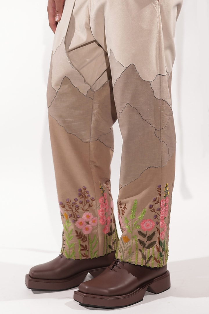 Beige Linen & Suede Pants by Jubinav Chadha Men at Pernia's Pop Up Shop