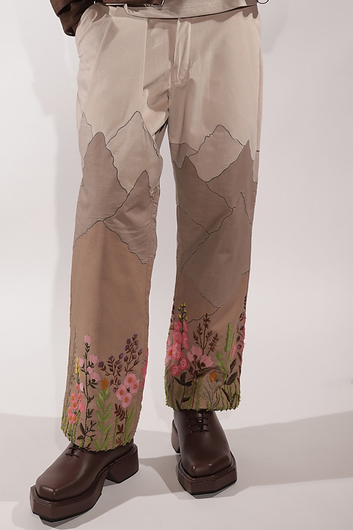 Beige Linen & Suede Pants by Jubinav Chadha Men at Pernia's Pop Up Shop