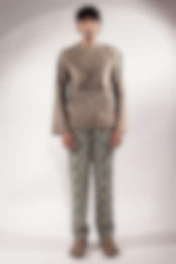 Jade Green & Beige Suede Striped Pants by Jubinav Chadha Men at Pernia's Pop Up Shop