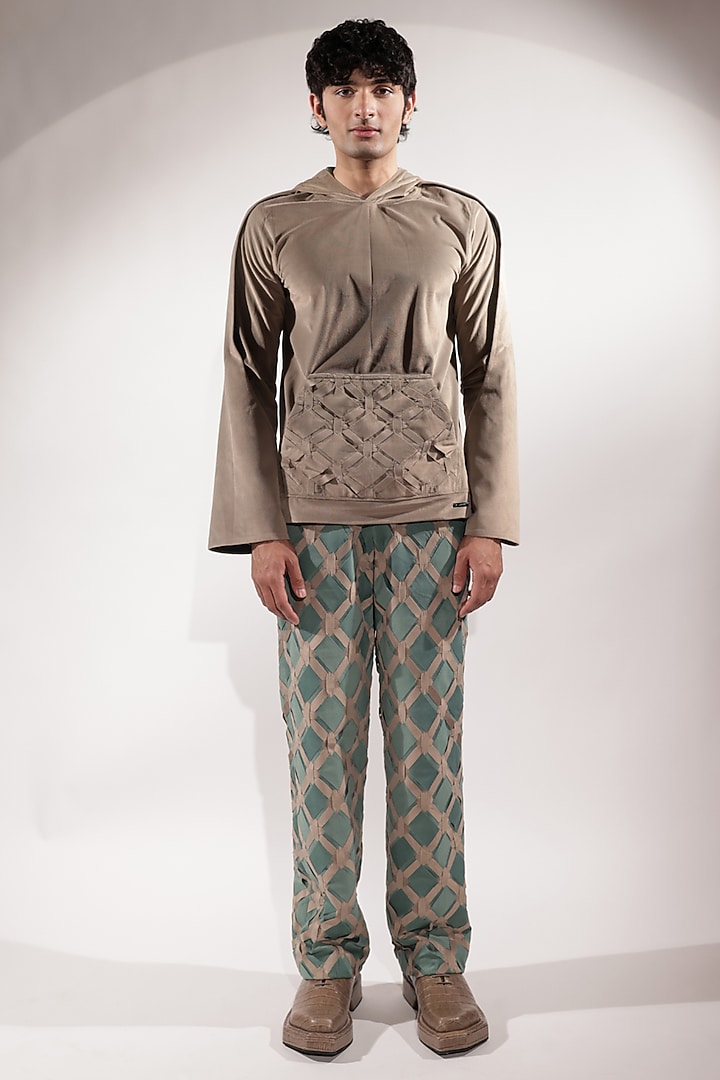 Jade Green & Beige Suede Striped Pants by Jubinav Chadha Men at Pernia's Pop Up Shop