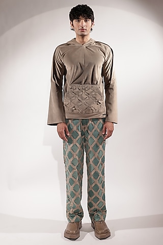 Jade Green & Beige Suede Striped Pants by Jubinav Chadha Men