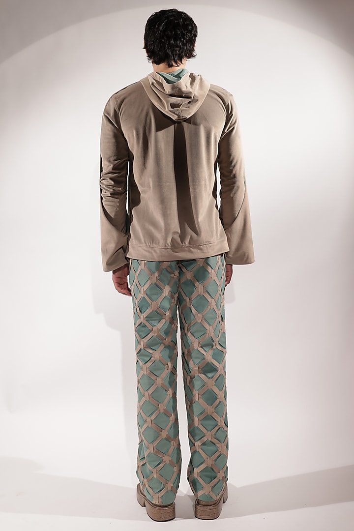 Jade Green & Beige Suede Striped Pants by Jubinav Chadha Men at Pernia's Pop Up Shop