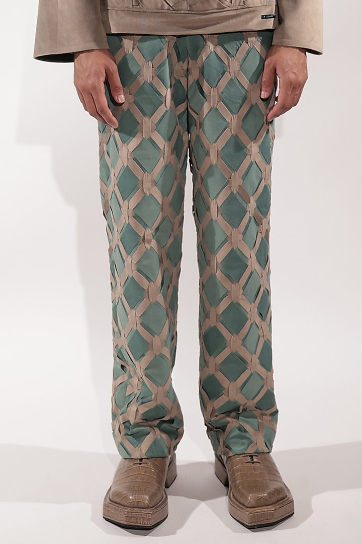 Jade Green & Beige Suede Striped Pants by Jubinav Chadha Men at Pernia's Pop Up Shop