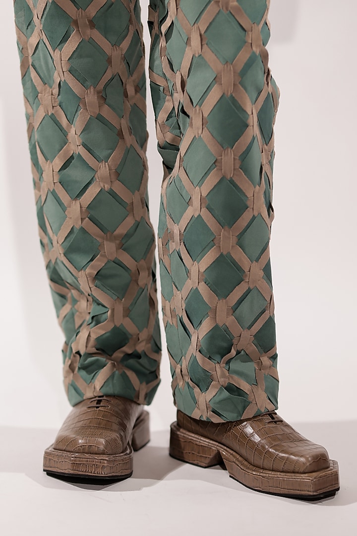 Jade Green & Beige Suede Striped Pants by Jubinav Chadha Men at Pernia's Pop Up Shop