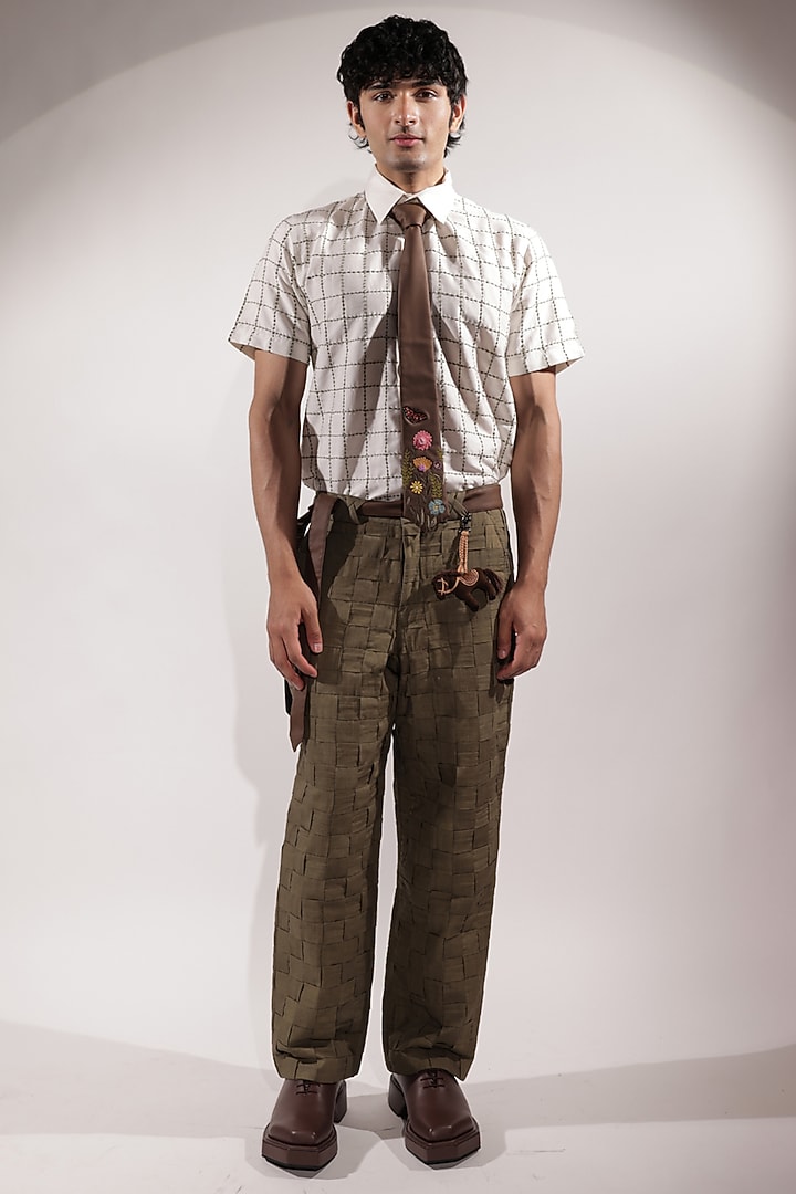 Olive Green Linen Pants by Jubinav Chadha Men at Pernia's Pop Up Shop