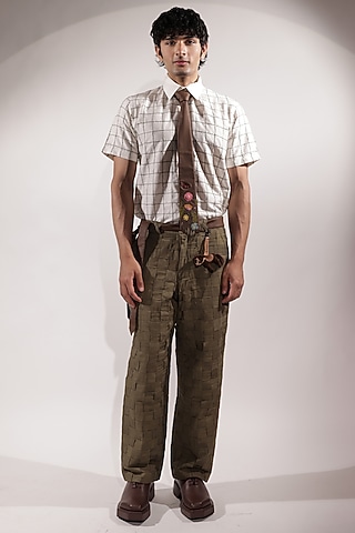 Olive Green Linen Pants by Jubinav Chadha Men