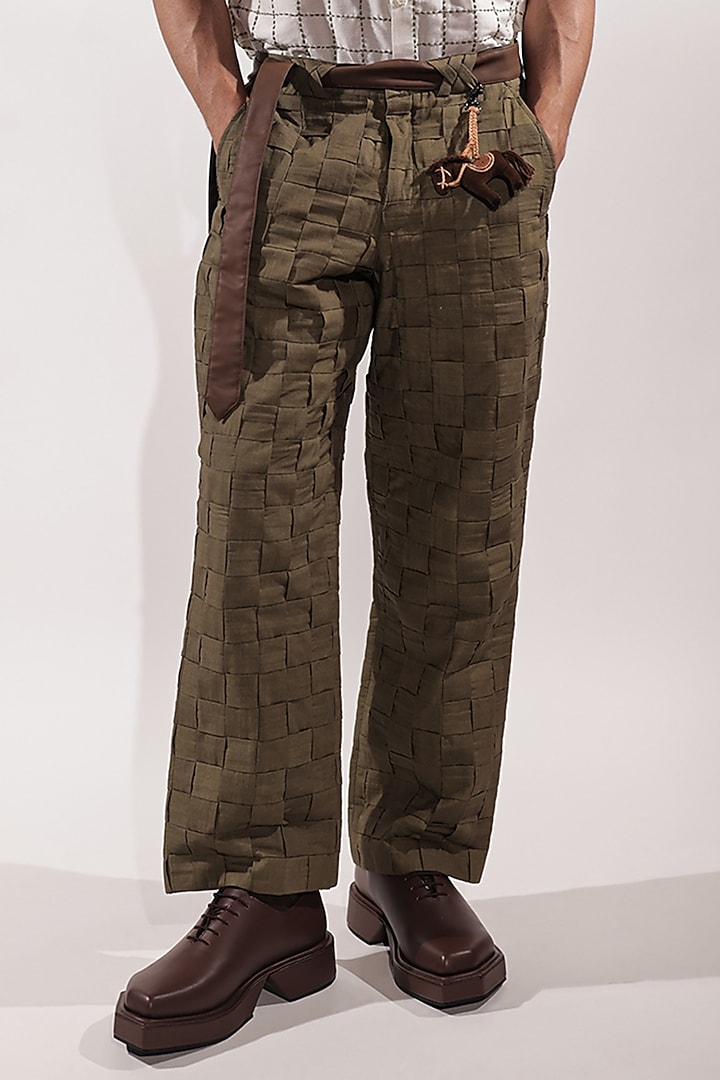 Olive Green Linen Pants by Jubinav Chadha Men at Pernia's Pop Up Shop