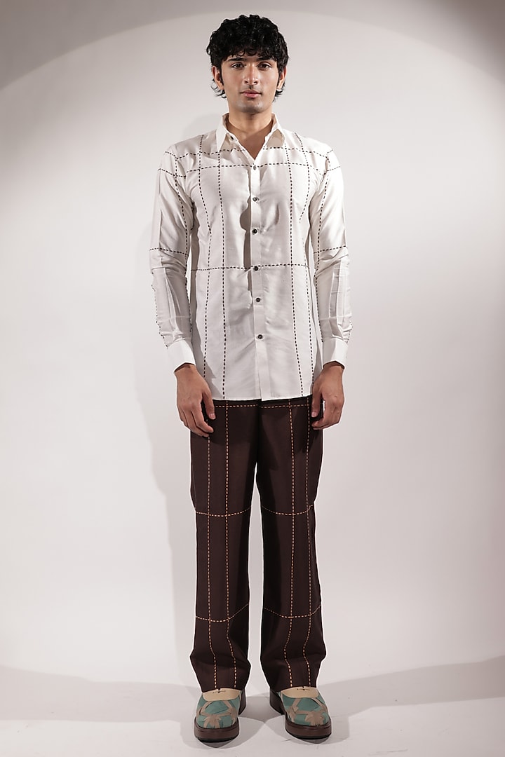 Brown Cotton Silk Embroidred Pants by Jubinav Chadha Men at Pernia's Pop Up Shop