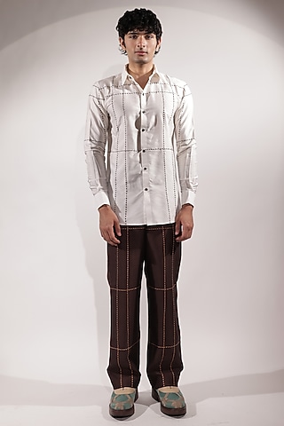 Brown Cotton Silk Embroidred Pants by Jubinav Chadha Men