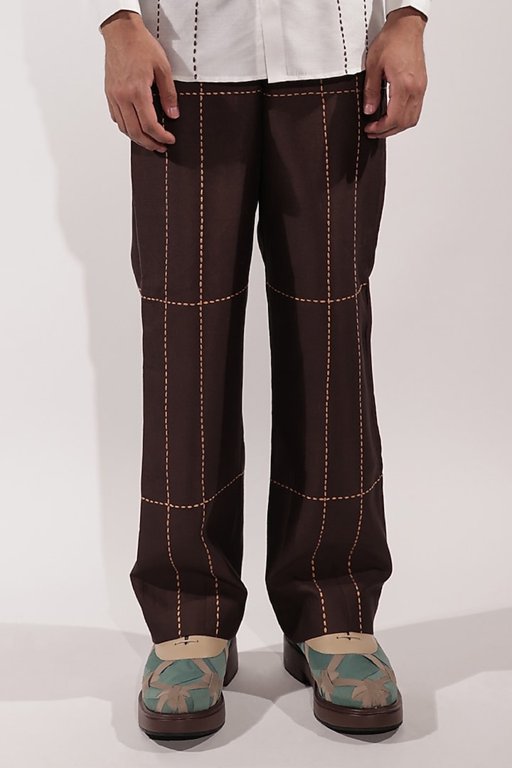 Brown Cotton Silk Embroidred Pants by Jubinav Chadha Men at Pernia's Pop Up Shop