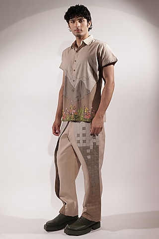 Beige Linen Flap Pants by Jubinav Chadha Men