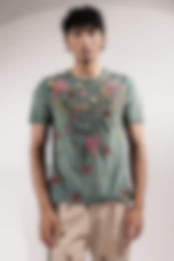 Jade Green Suede Embroidered T-Shirt by Jubinav Chadha Men at Pernia's Pop Up Shop
