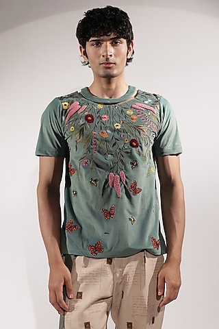 Jade Green Suede Embroidered T-Shirt by Jubinav Chadha Men