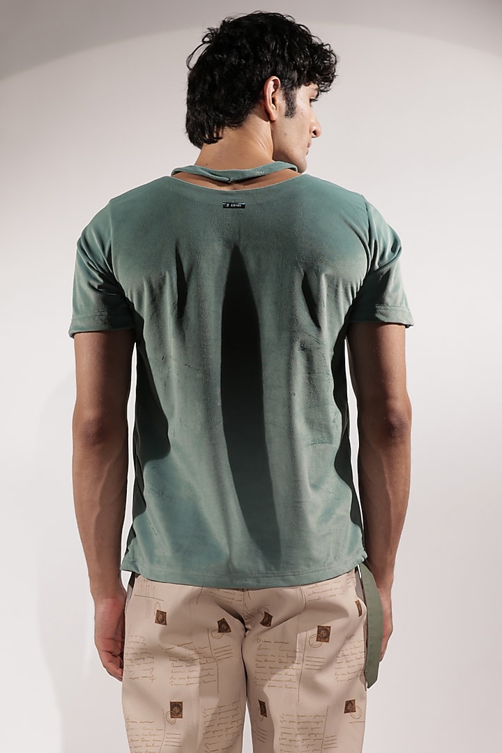 Jade Green Suede Embroidered T-Shirt by Jubinav Chadha Men at Pernia's Pop Up Shop