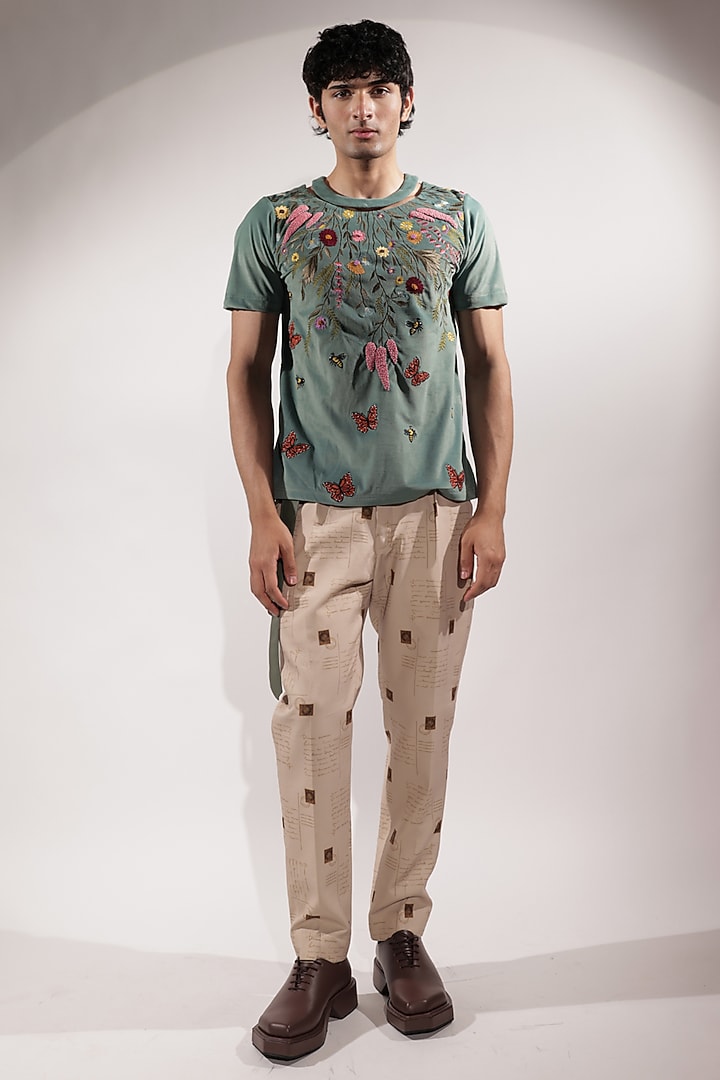 Jade Green Suede Embroidered T-Shirt by Jubinav Chadha Men at Pernia's Pop Up Shop