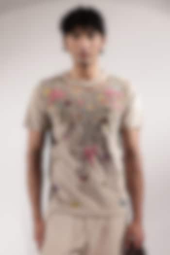 Beige Suede Floral Embroidered T-Shirt by Jubinav Chadha Men at Pernia's Pop Up Shop