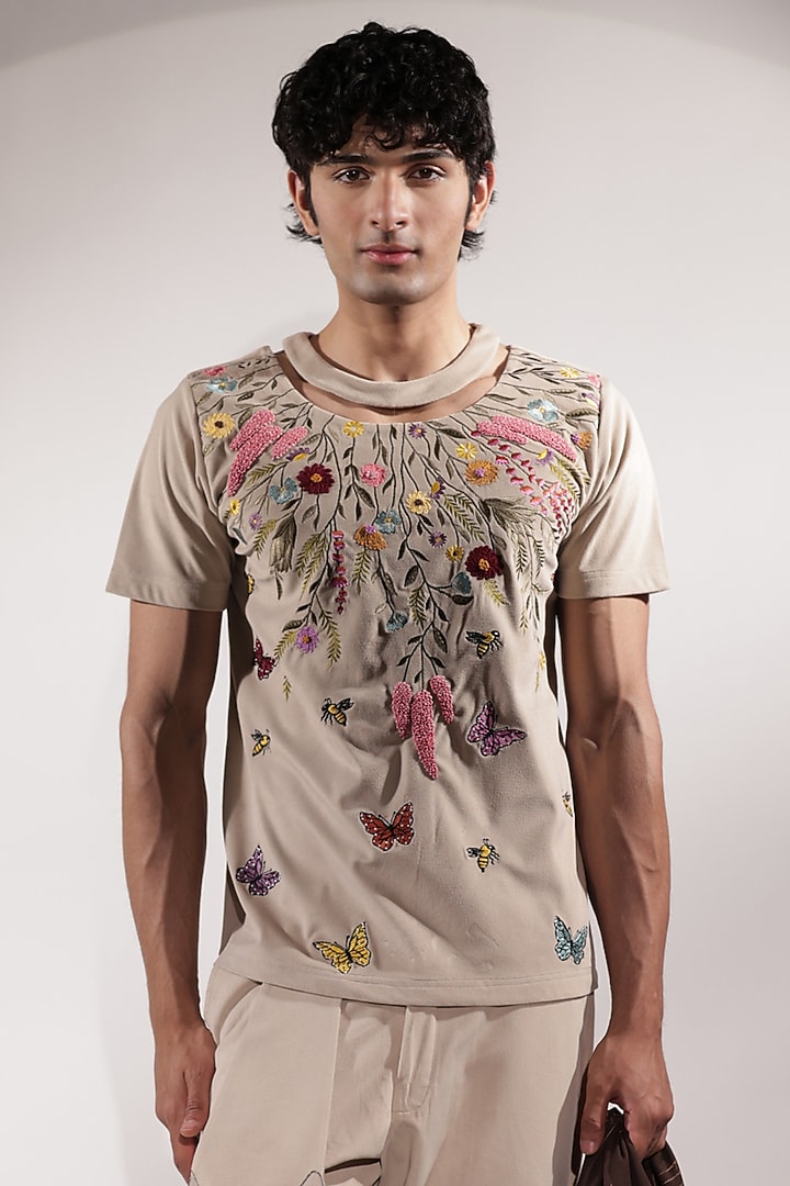 Beige Suede Floral Embroidered T-Shirt by Jubinav Chadha Men at Pernia's Pop Up Shop