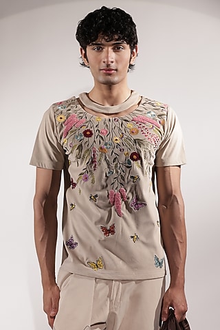 Beige Suede Floral Embroidered T-Shirt by Jubinav Chadha Men