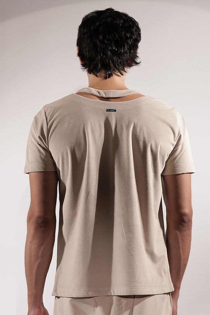 Beige Suede Floral Embroidered T-Shirt by Jubinav Chadha Men at Pernia's Pop Up Shop
