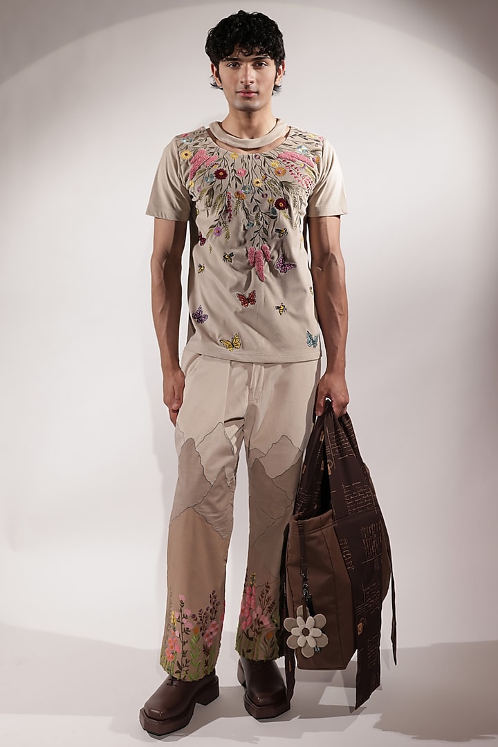 Beige Suede Floral Embroidered T-Shirt by Jubinav Chadha Men at Pernia's Pop Up Shop