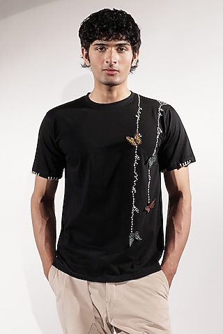 Black Cotton Kantha Embroidered T-Shirt by Jubinav Chadha Men