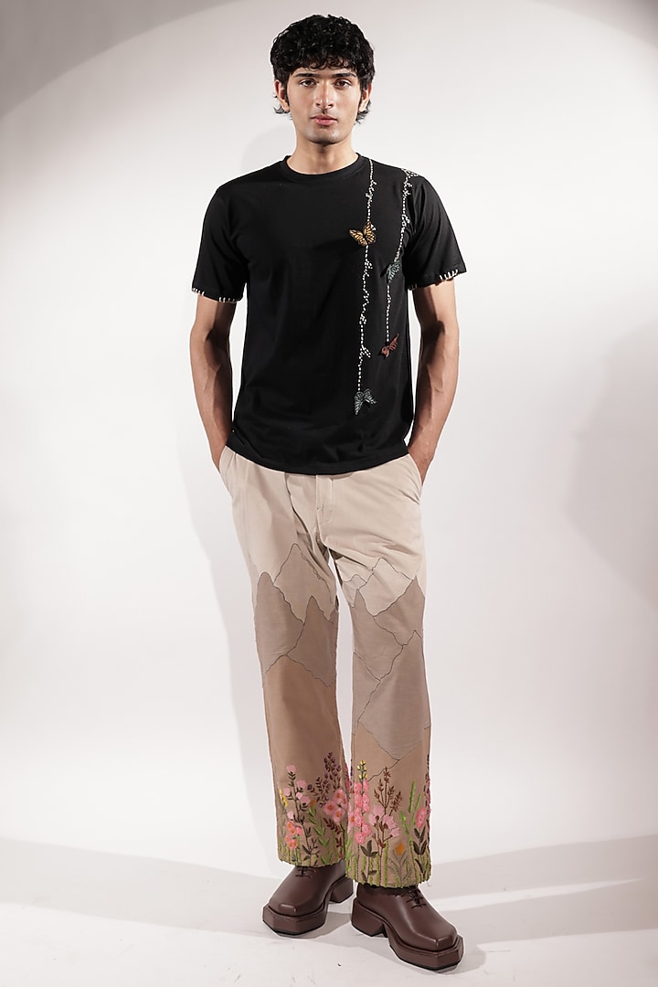 Black Cotton Kantha Embroidered T-Shirt by Jubinav Chadha Men at Pernia's Pop Up Shop